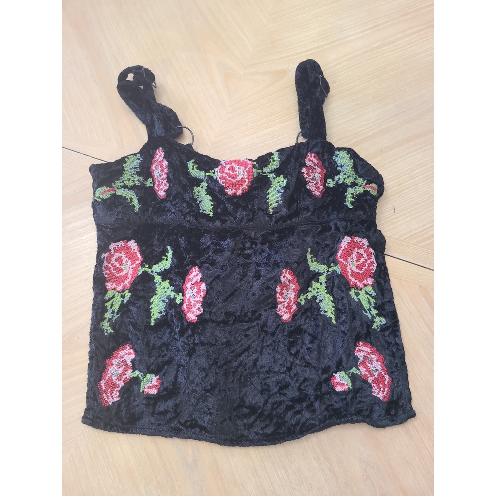 Kimchi Blue Velvet Floral Cami Women Small Black Embroidered Tie Back